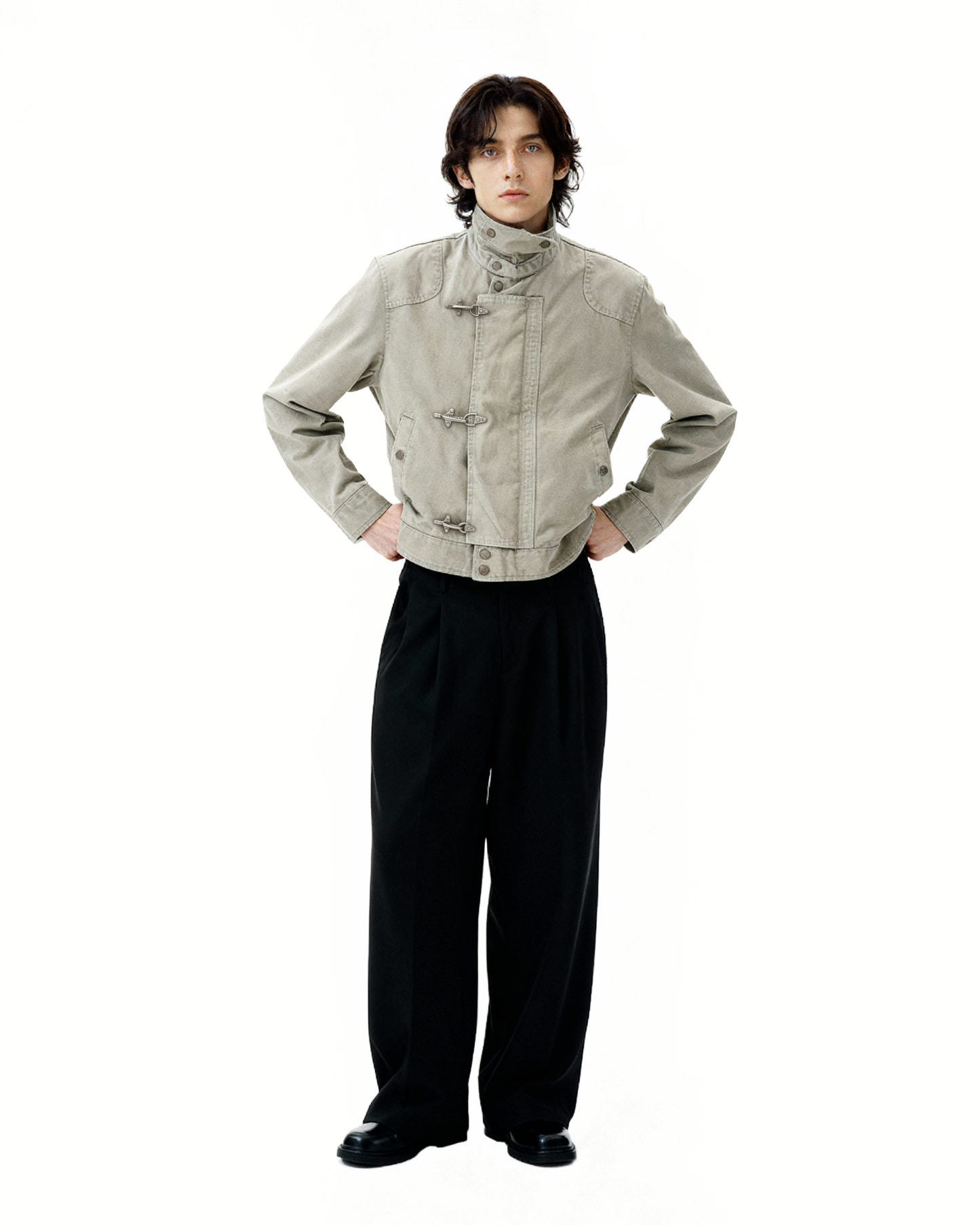 Overlap Fireman Buckle Mid-Crop High Collar Jacket