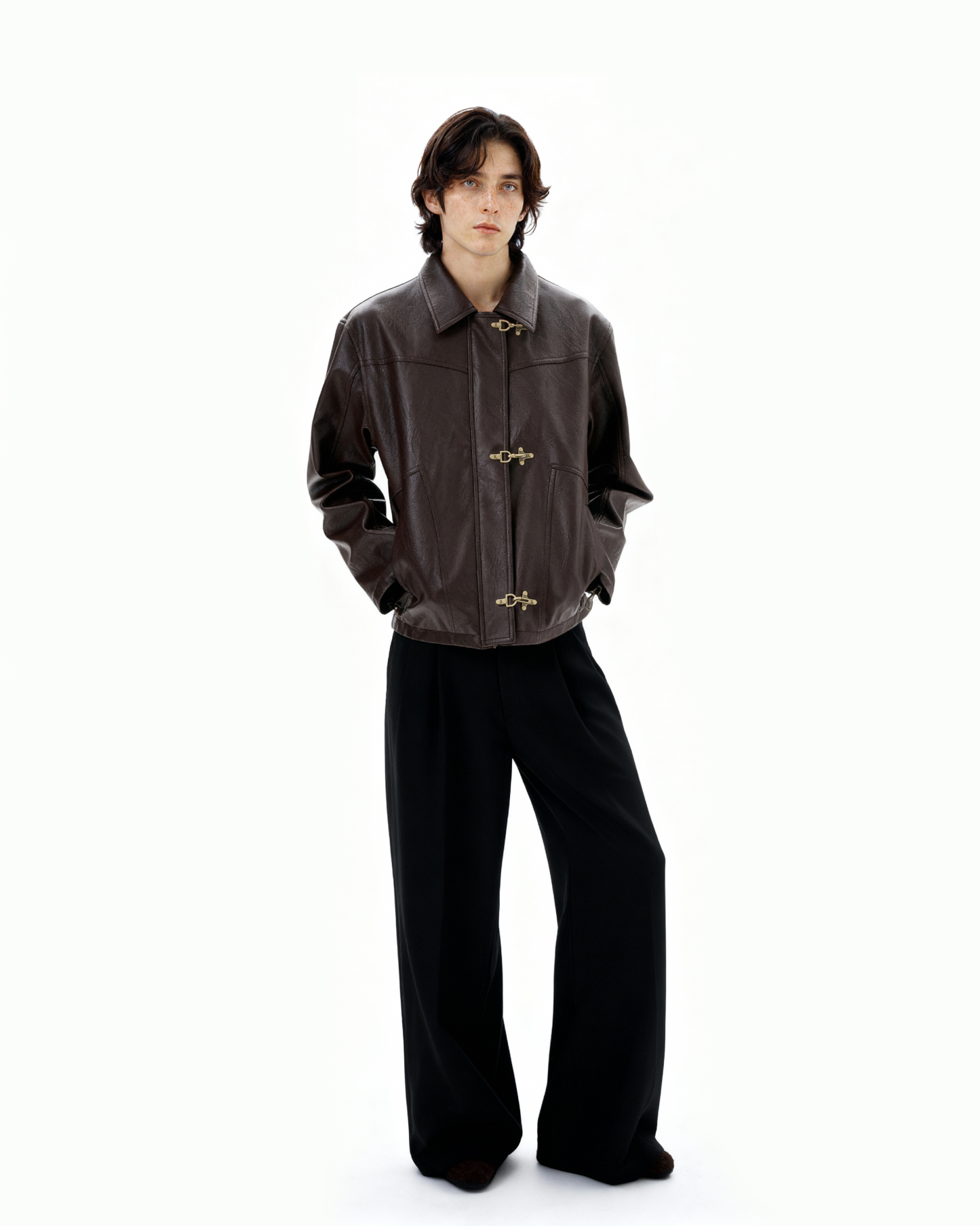 Fireman Buckle Mid-Crop Faux Leather Jacket