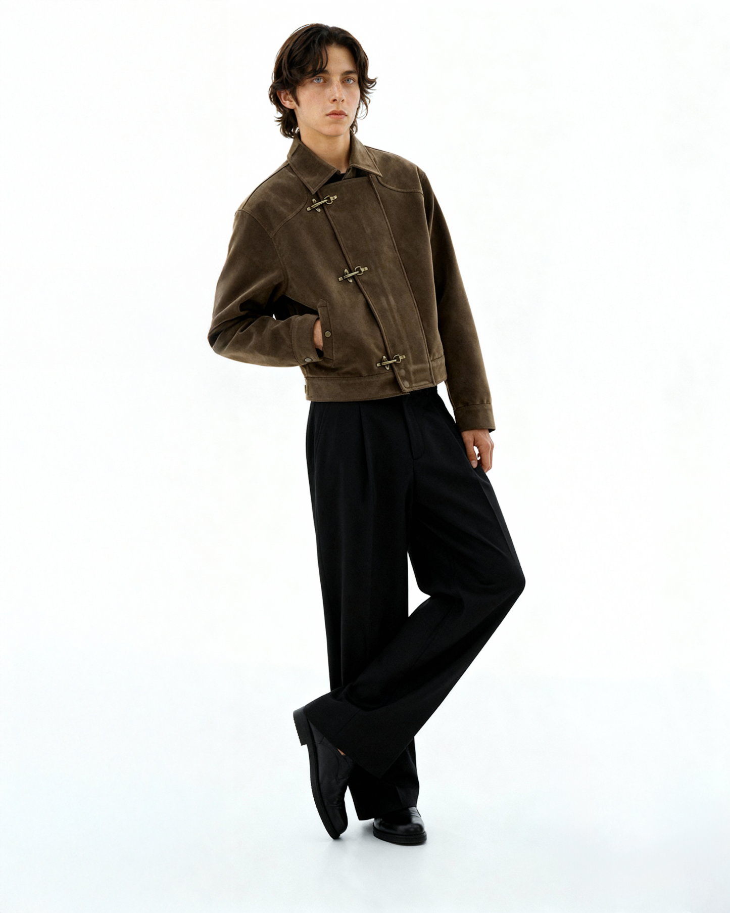 Asymmetric Fireman Buckle Mid Crop Suede Jacket