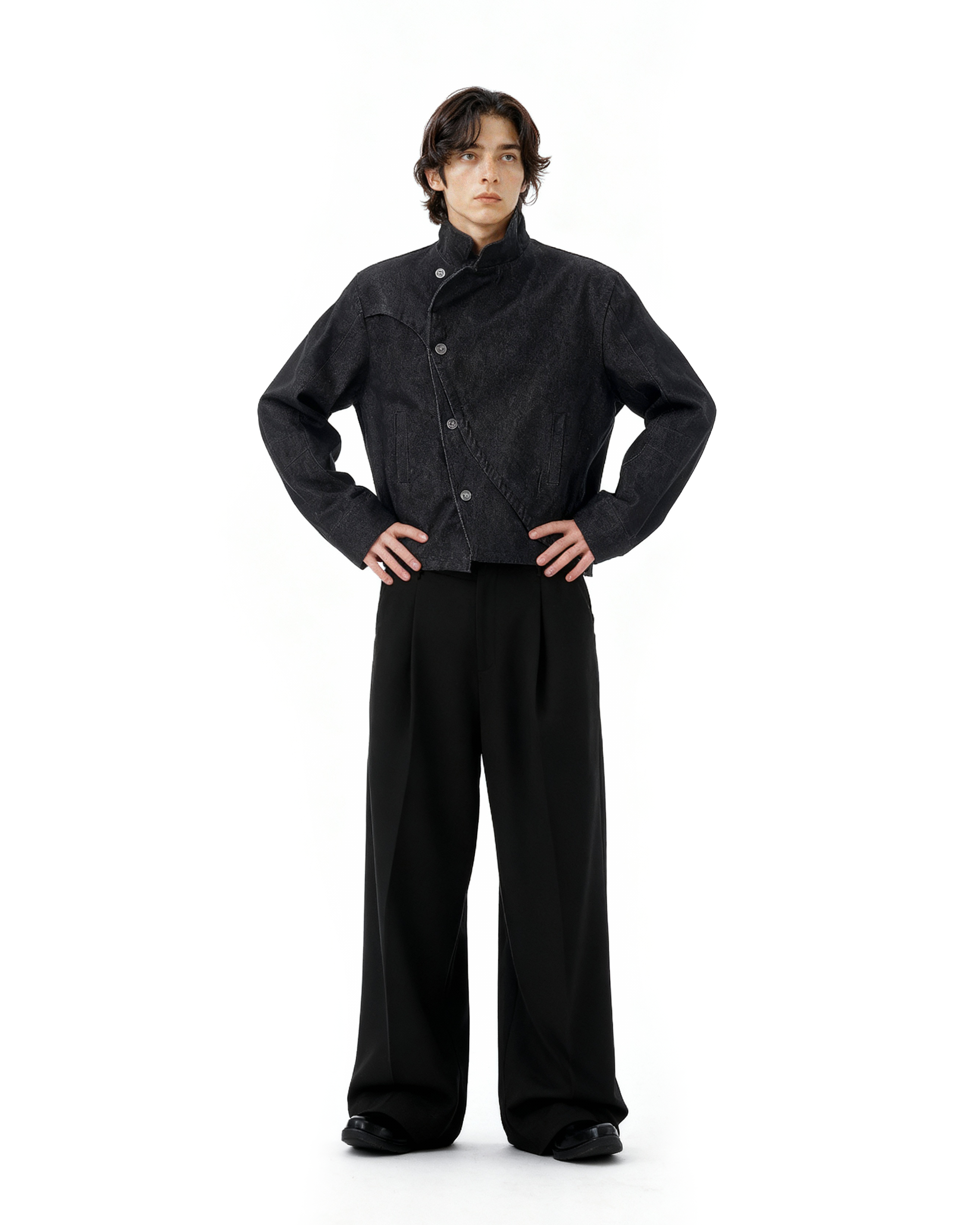 Overlap Asymmetric Button Stand Collar Denim Jacket