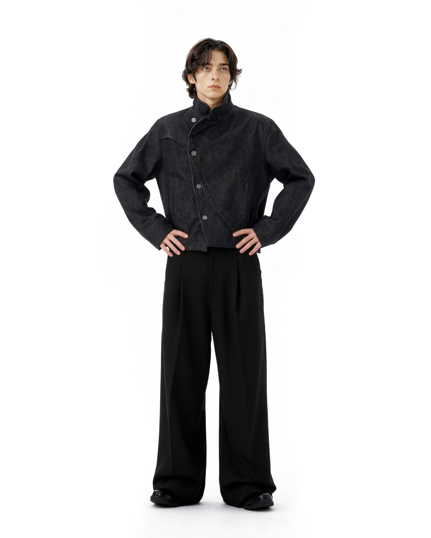 Overlap Asymmetric Button Stand Collar Denim Jacket