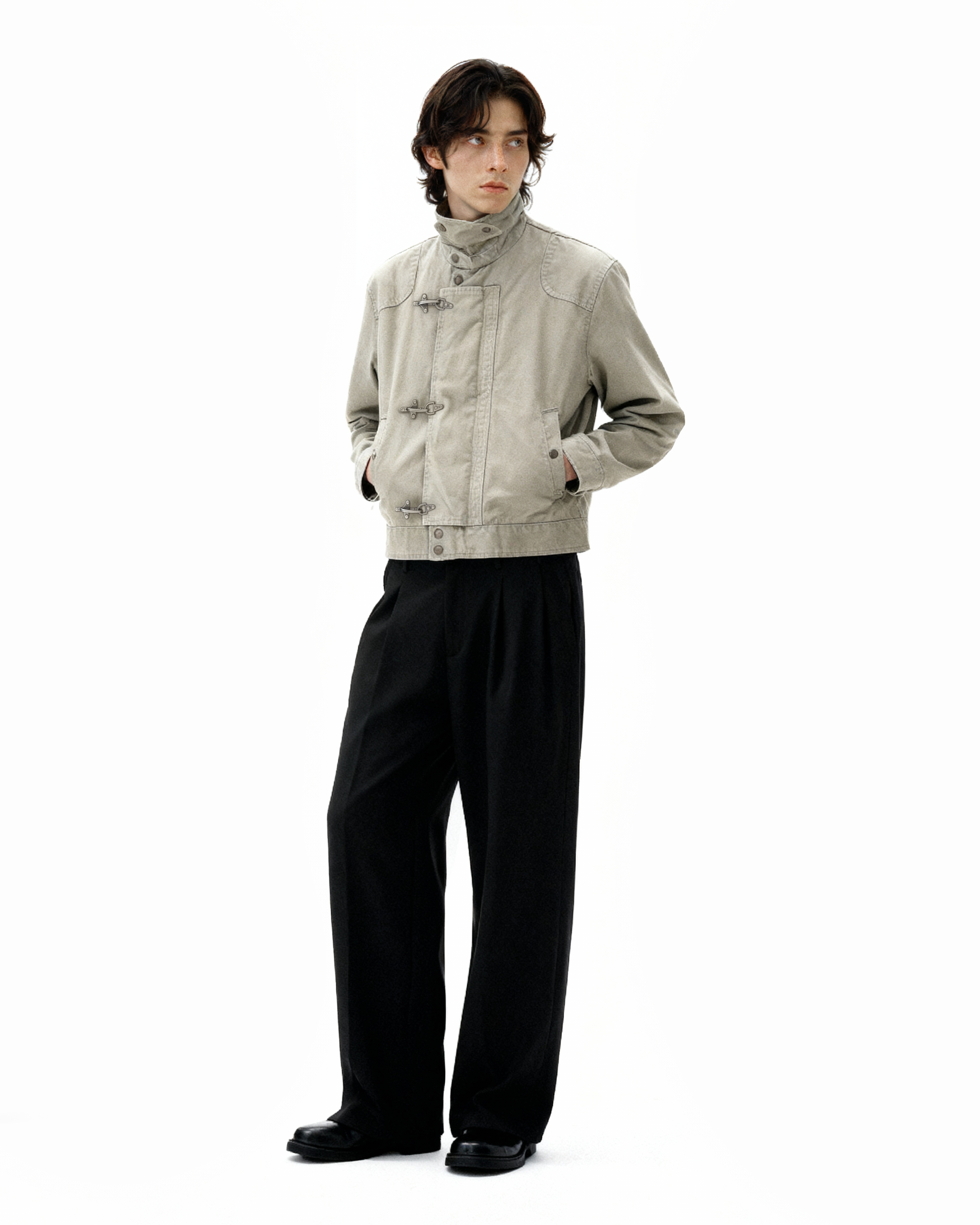 Overlap Fireman Buckle Mid-Crop High Collar Jacket