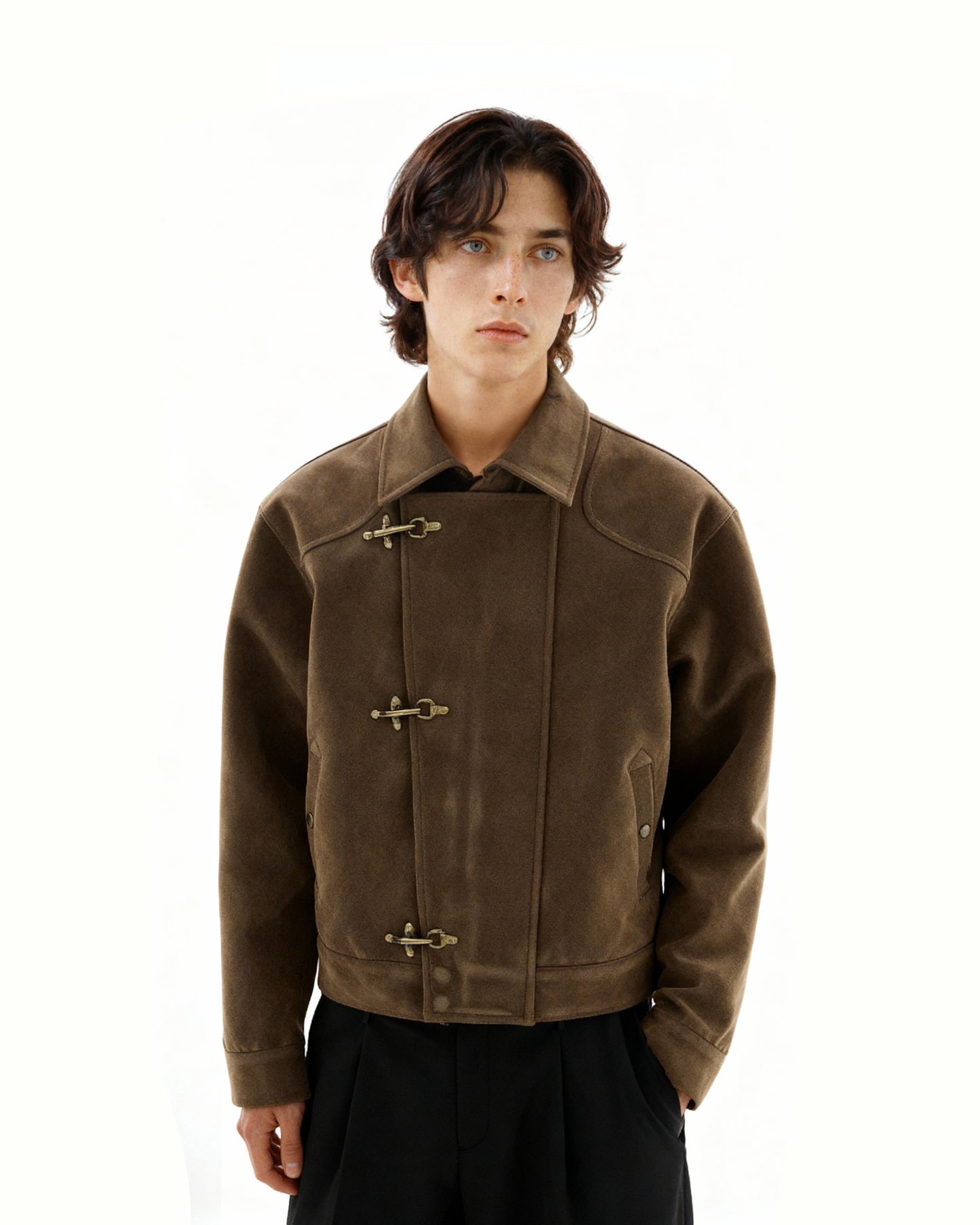 Asymmetric Fireman Buckle Mid Crop Suede Jacket