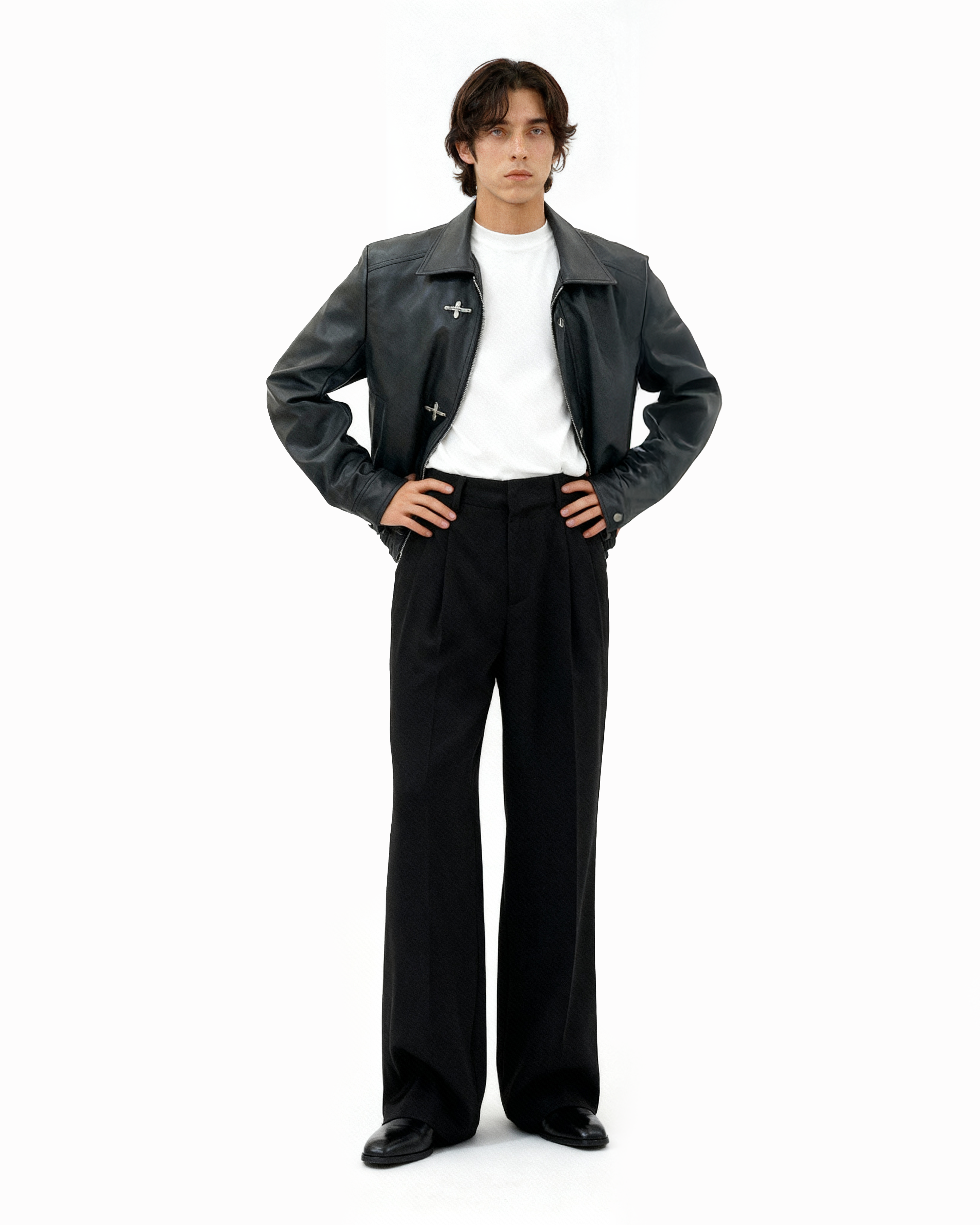 Fireman Clasp-Buckle Faux Leather Collared Jacket