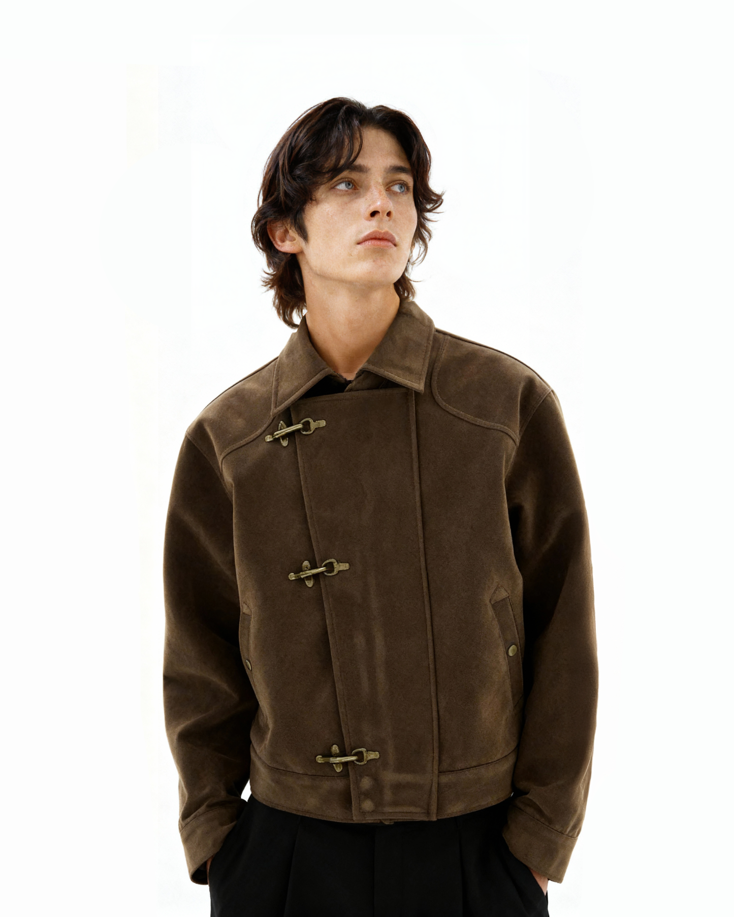 Asymmetric Fireman Buckle Mid Crop Suede Jacket