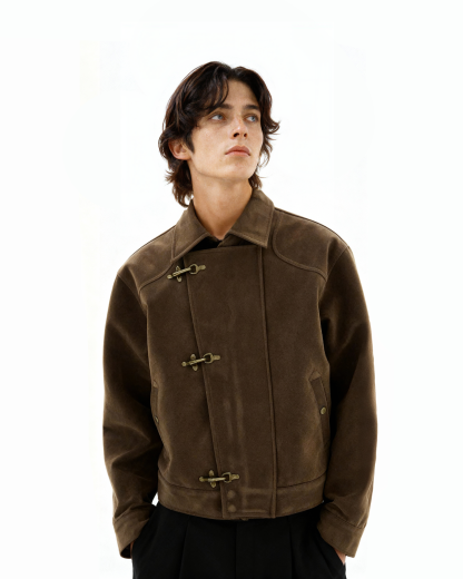 Asymmetric Fireman Buckle Mid Crop Suede Jacket