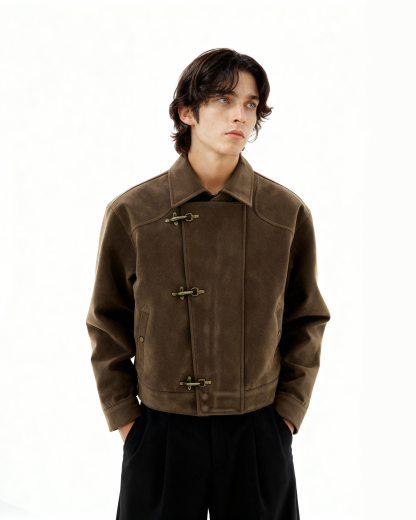 Asymmetric Fireman Buckle Mid Crop Suede Jacket