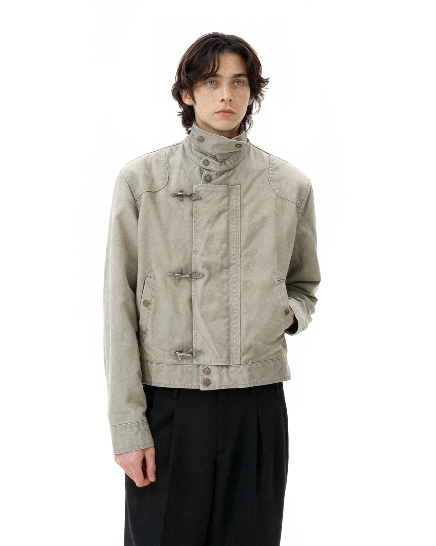 Overlap Fireman Buckle Mid-Crop High Collar Jacket
