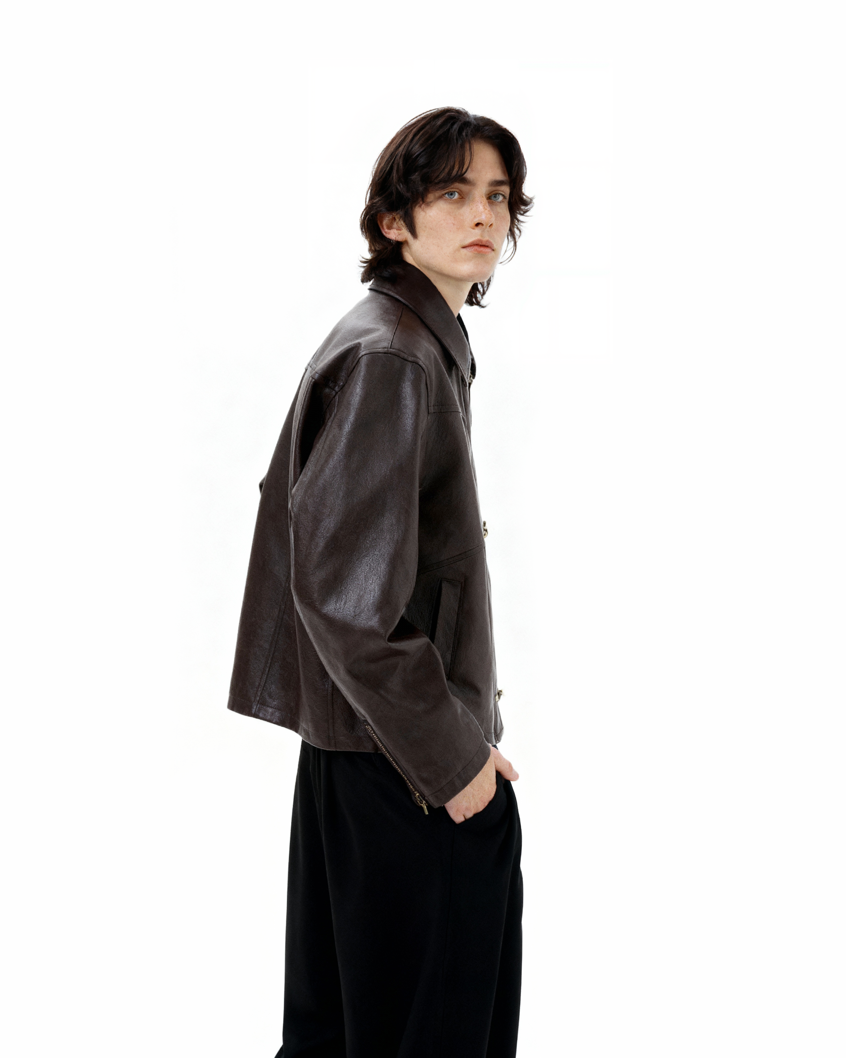 Fireman Buckle Mid-Crop Faux Leather Jacket