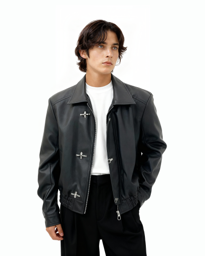 Fireman Clasp-Buckle Faux Leather Collared Jacket