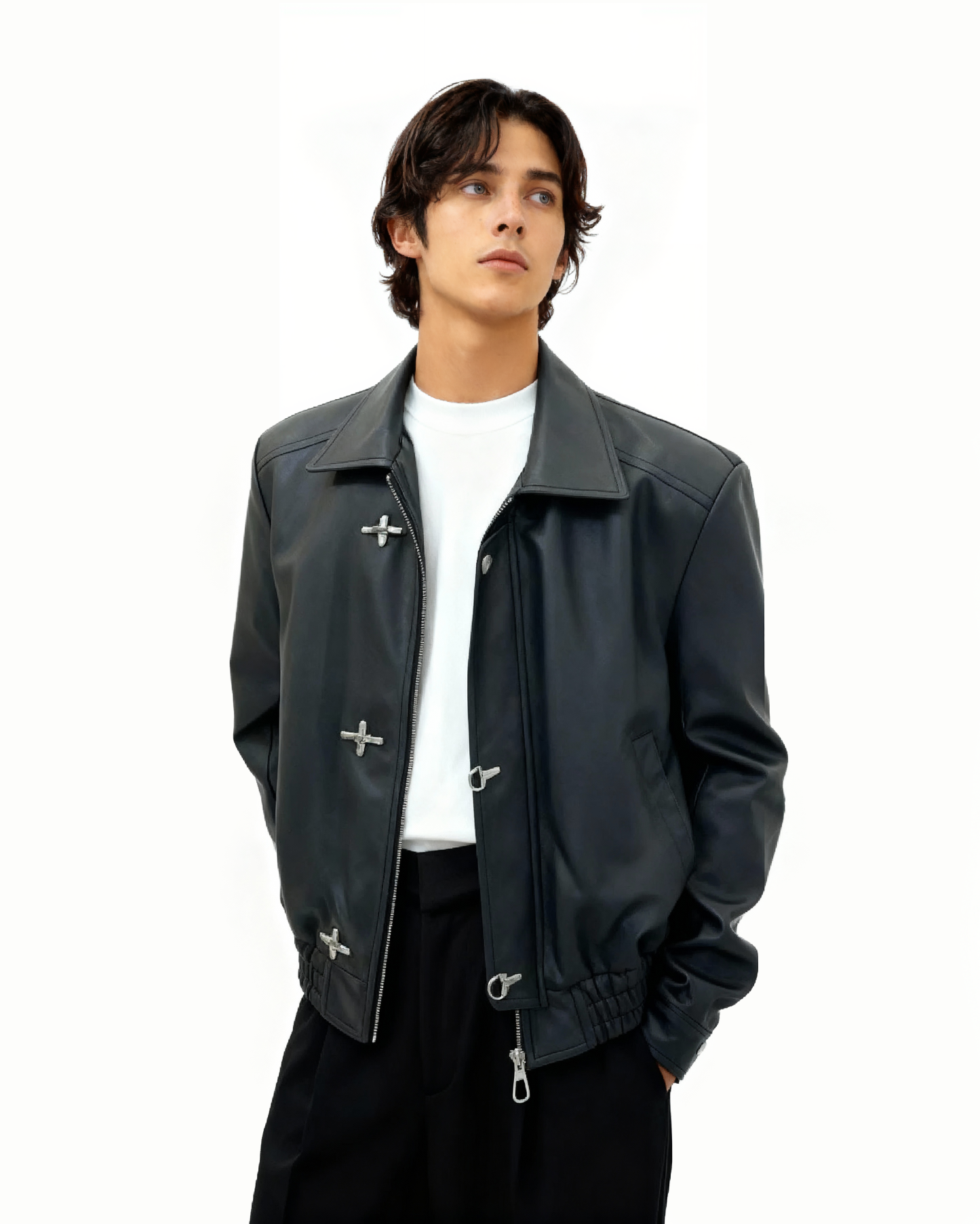 Fireman Clasp-Buckle Faux Leather Collared Jacket