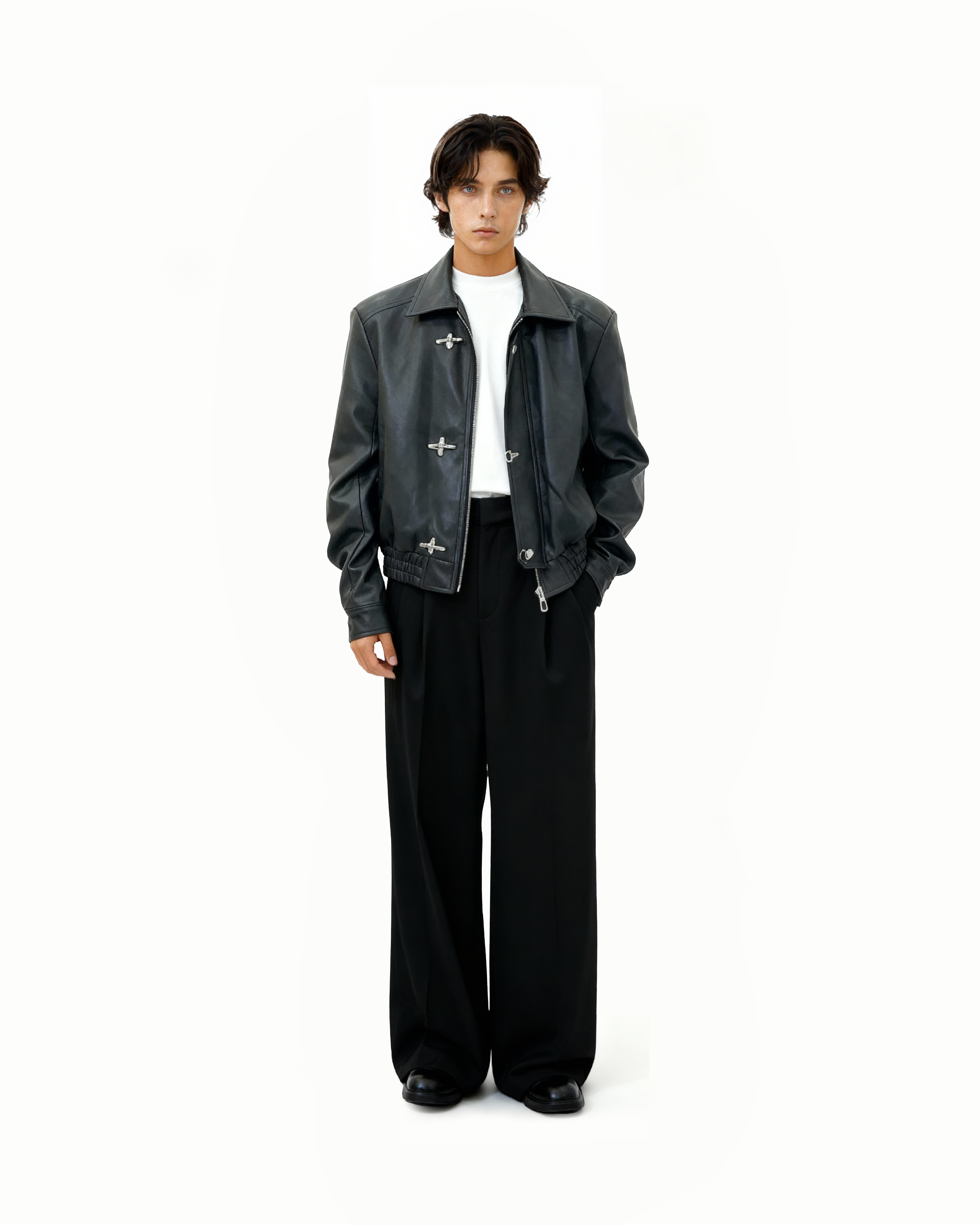 Fireman Clasp-Buckle Faux Leather Collared Jacket