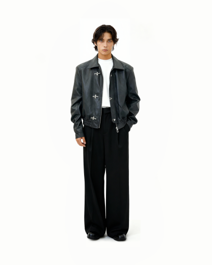 Fireman Clasp-Buckle Faux Leather Collared Jacket