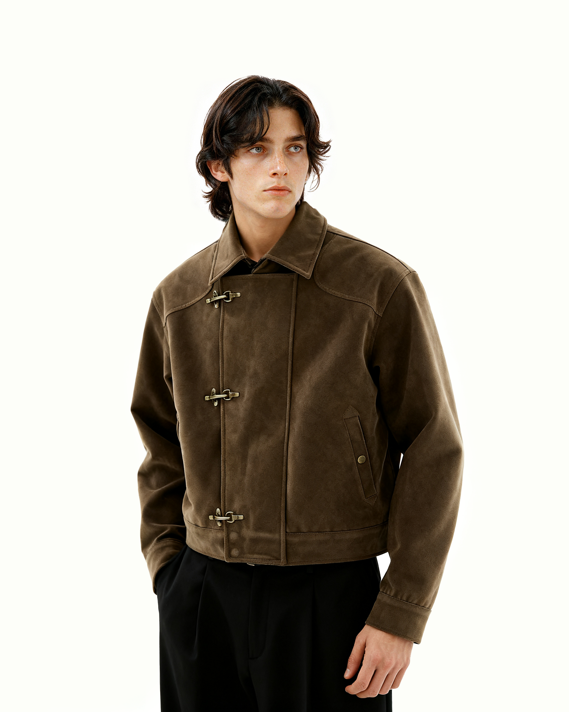 Asymmetric Fireman Buckle Mid Crop Suede Jacket