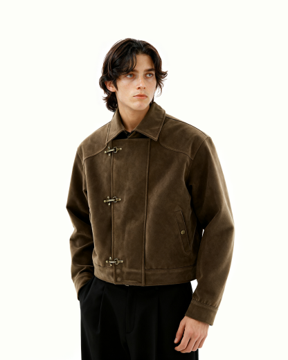 Asymmetric Fireman Buckle Mid Crop Suede Jacket
