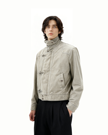 Overlap Fireman Buckle Mid-Crop High Collar Jacket