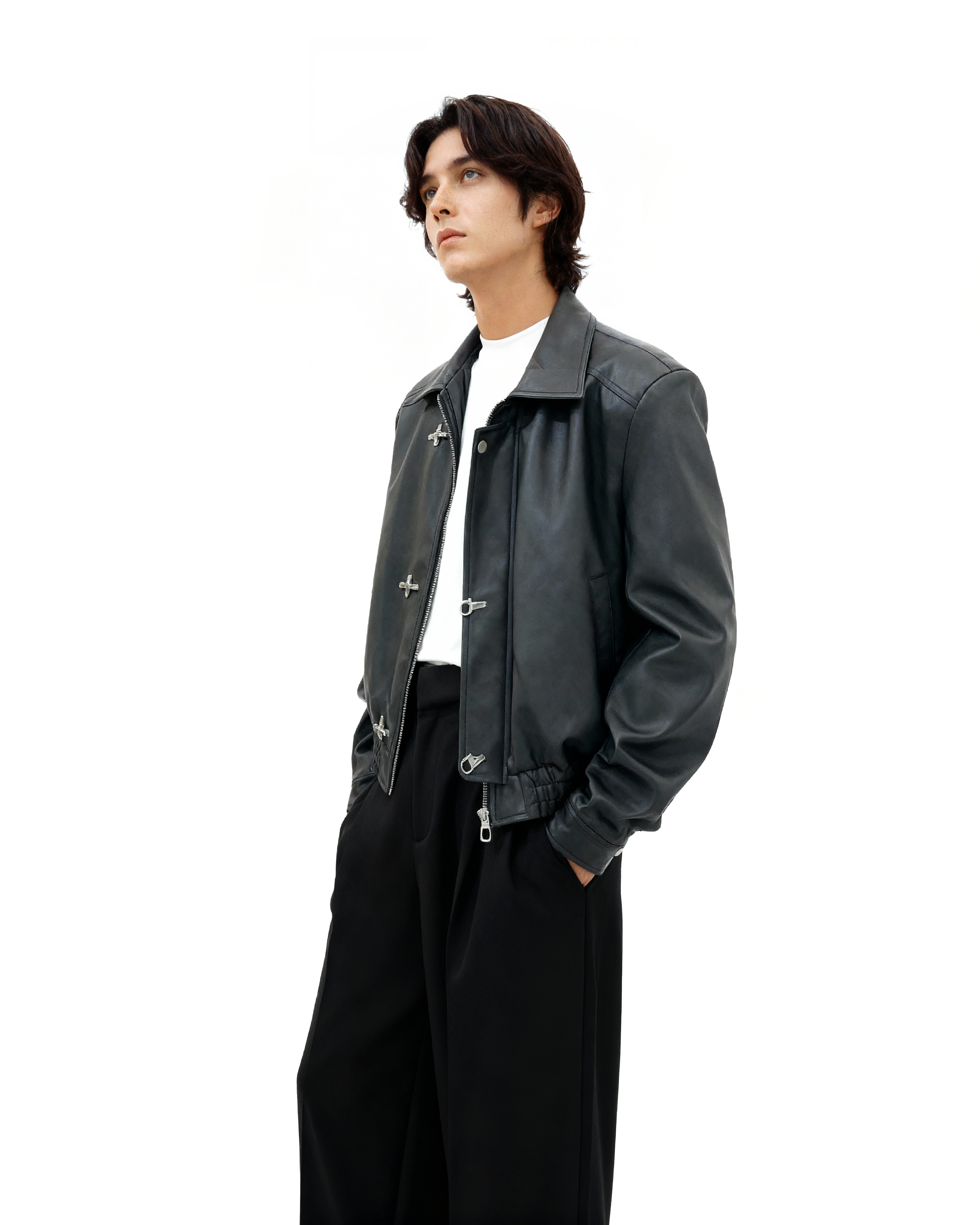 Fireman Clasp-Buckle Faux Leather Collared Jacket