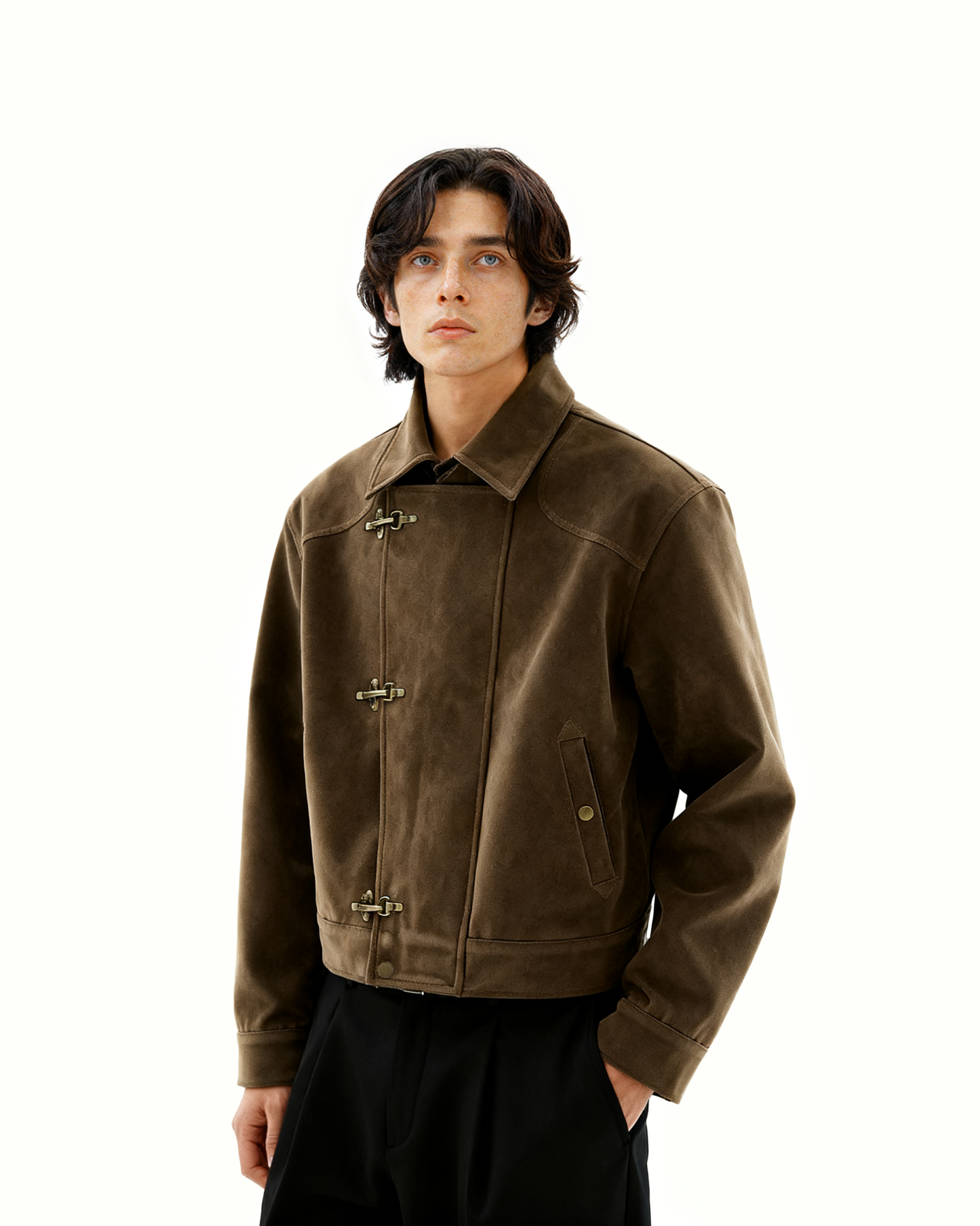 Asymmetric Fireman Buckle Mid Crop Suede Jacket
