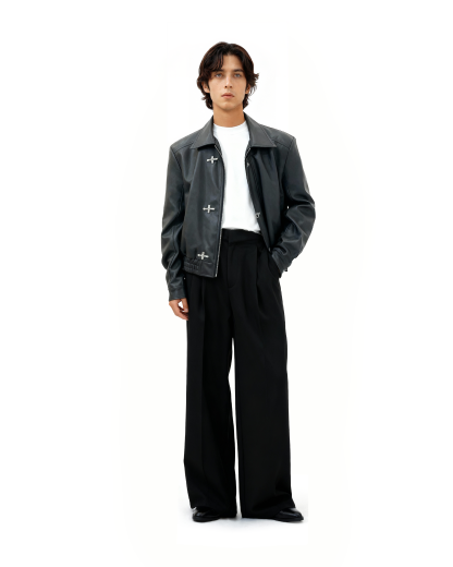 Fireman Clasp-Buckle Faux Leather Collared Jacket