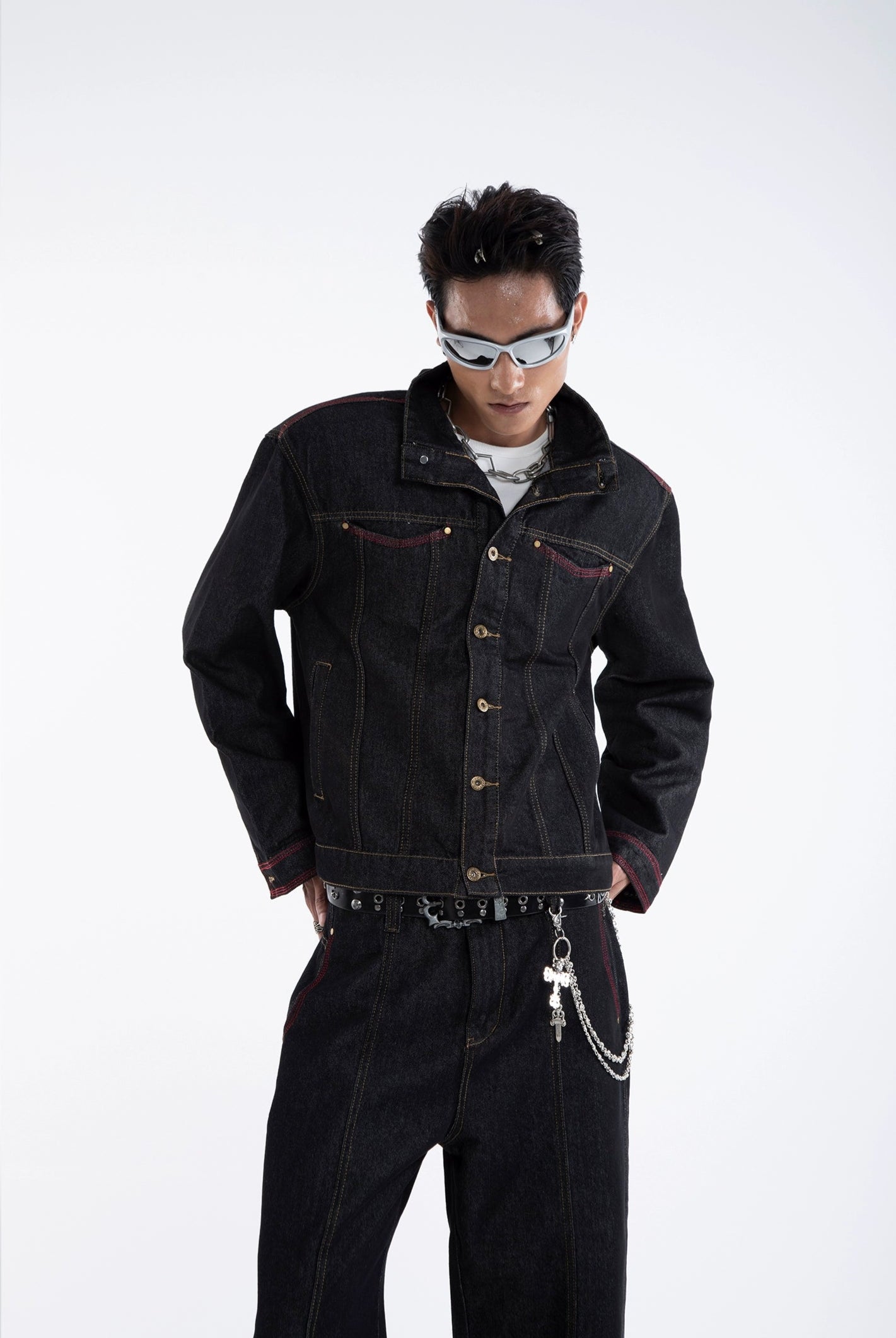 Dark Wash Contrast Stitch Mid Crop Denim Jacket and Wide Leg Jeans Two-Piece Set