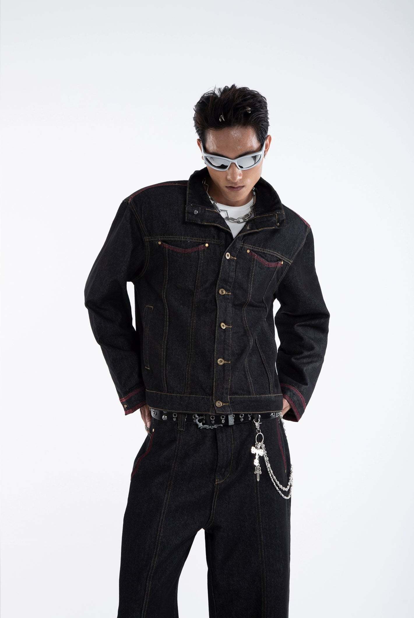 Dark Wash Contrast Stitch Mid Crop Denim Jacket and Wide Leg Jeans Two-Piece Set