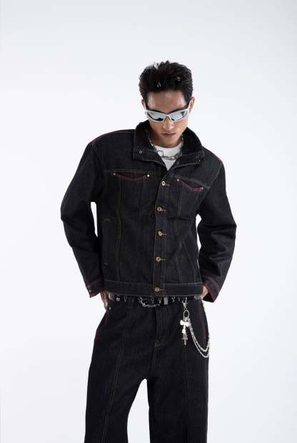 Dark Wash Contrast Stitch Mid Crop Denim Jacket and Wide Leg Jeans Two-Piece Set