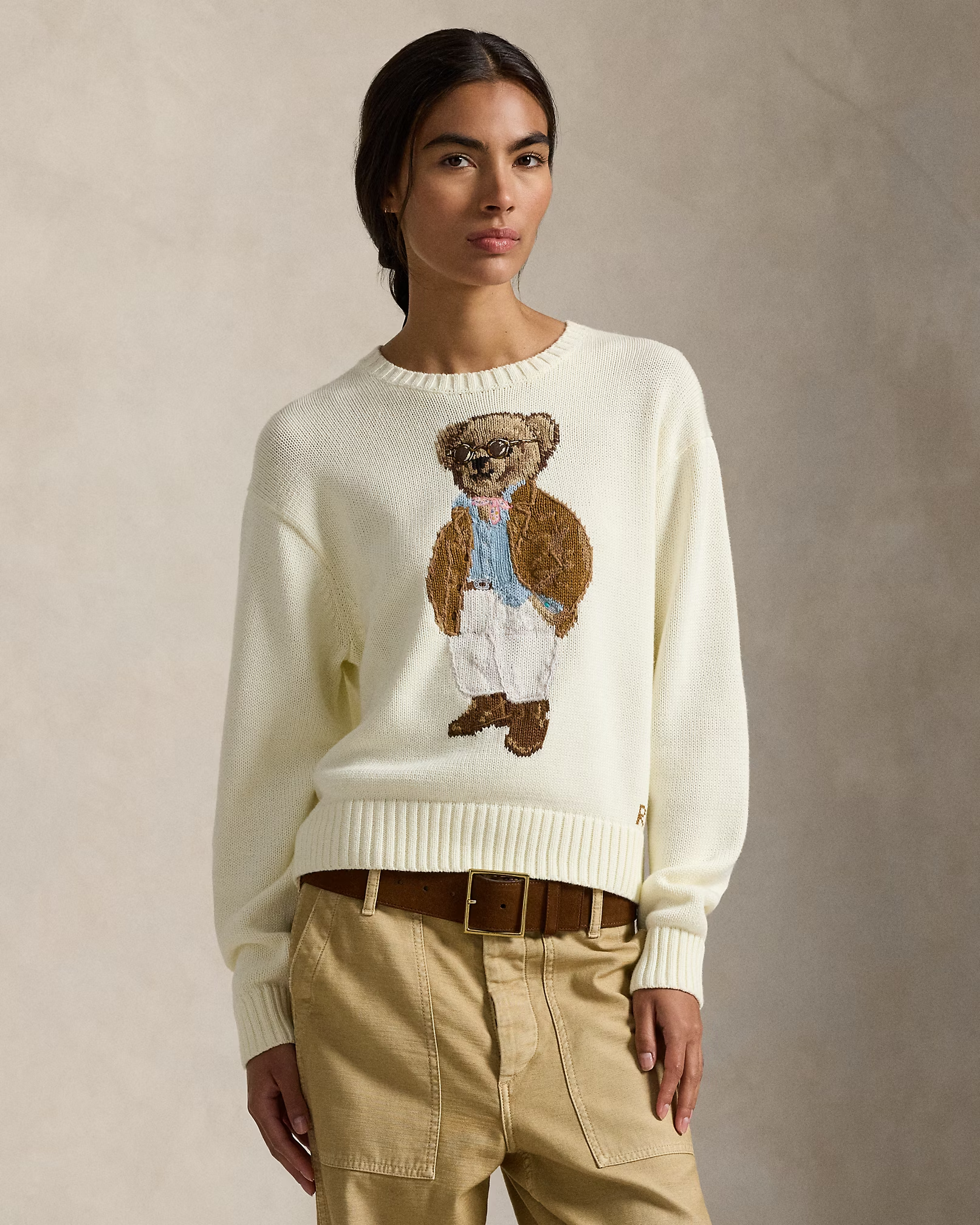 【Up to 59% off！】Women Polo Bear Cotton Crewneck Sweater