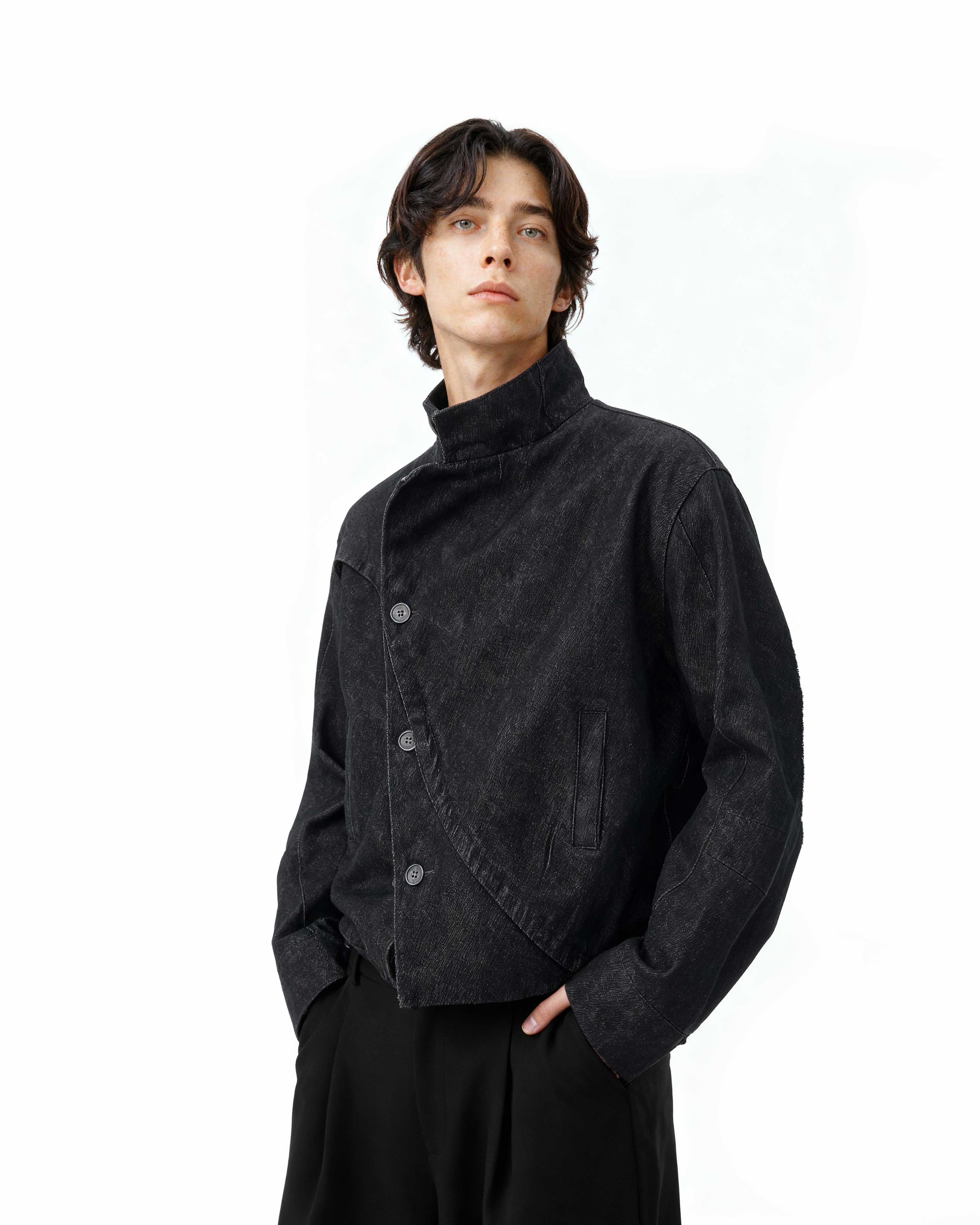 Overlap Asymmetric Button Stand Collar Denim Jacket