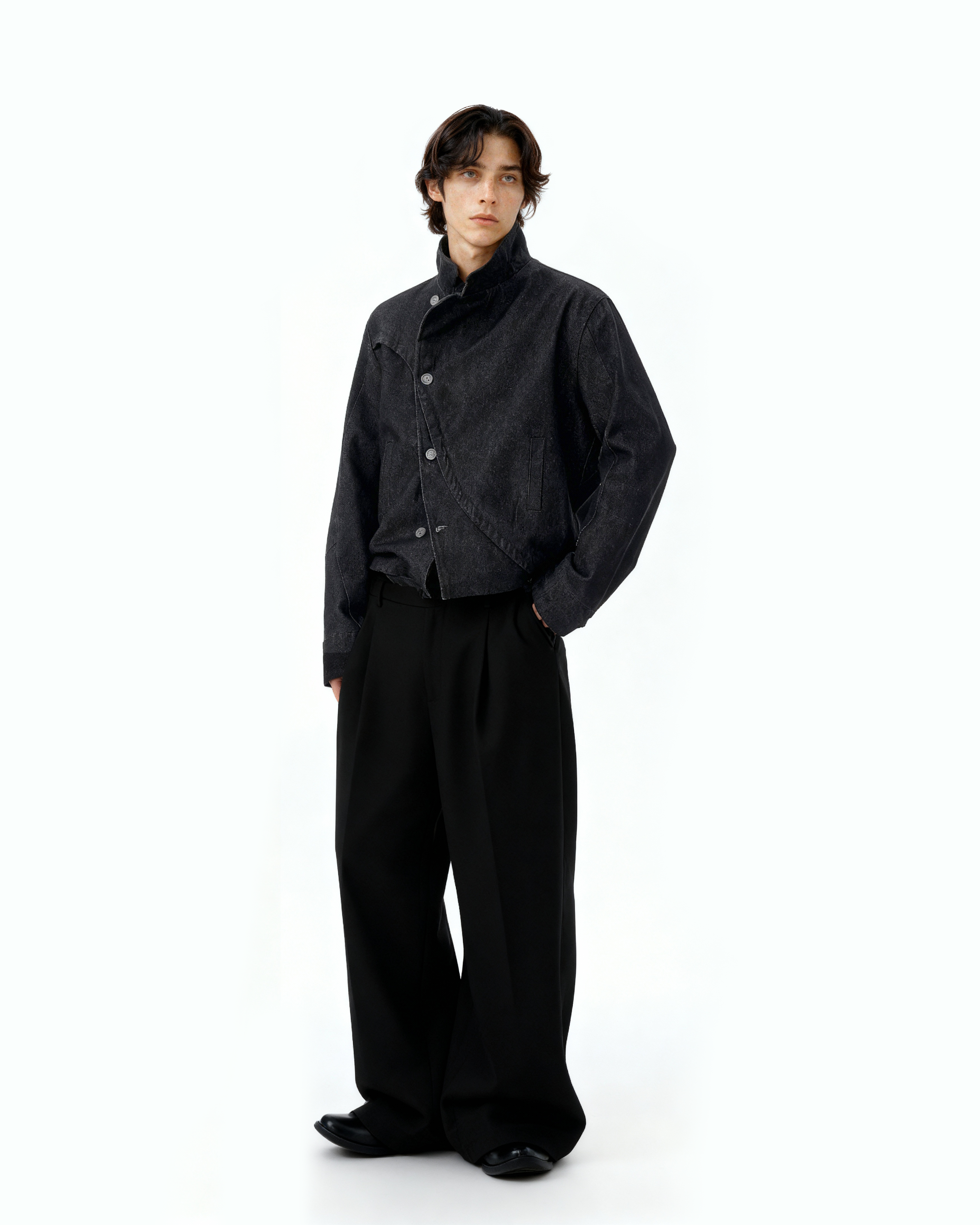 Overlap Asymmetric Button Stand Collar Denim Jacket