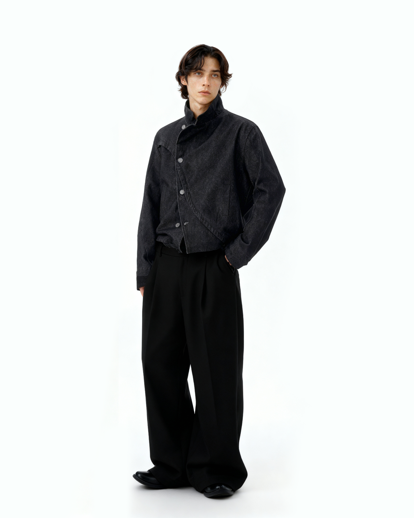 Overlap Asymmetric Button Stand Collar Denim Jacket