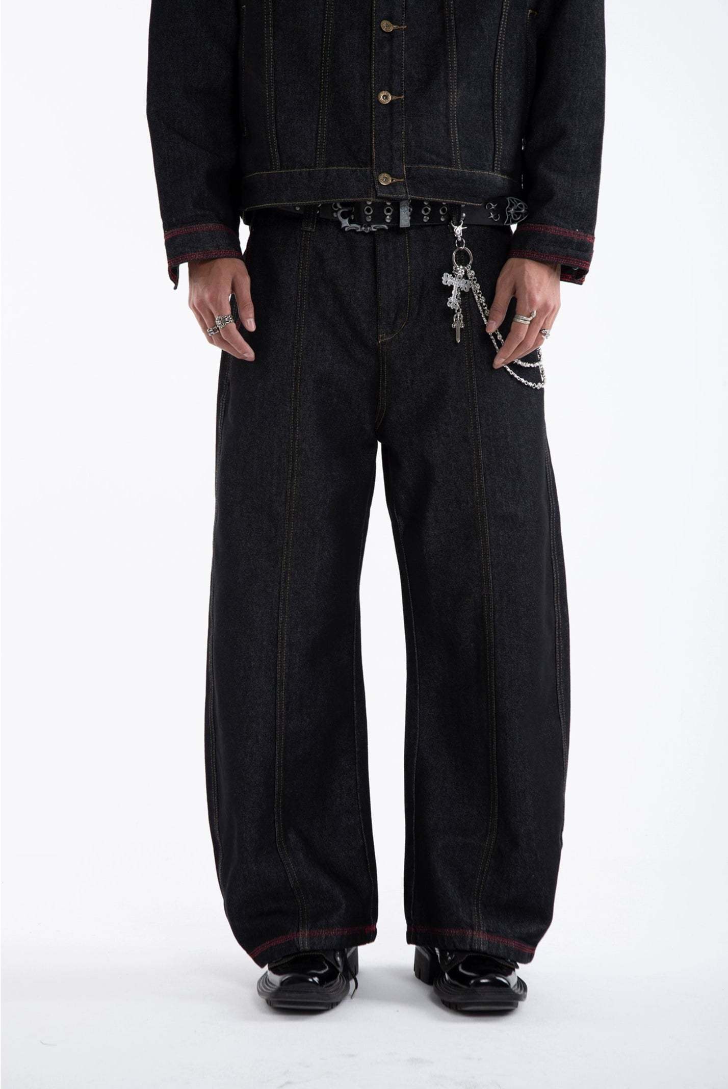 Dark Wash Contrast Stitch Mid Crop Denim Jacket and Wide Leg Jeans Two-Piece Set