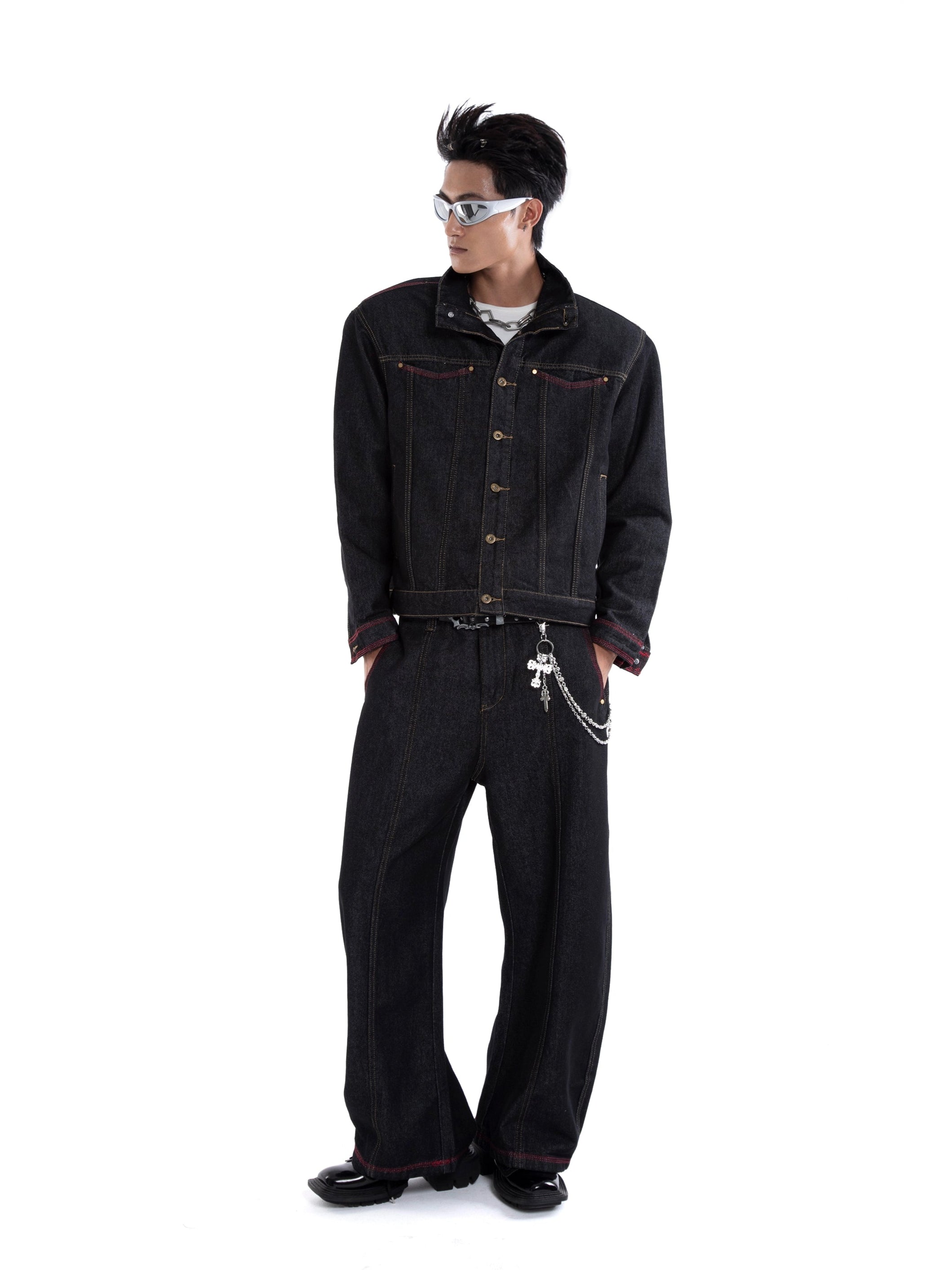 Dark Wash Contrast Stitch Mid Crop Denim Jacket and Wide Leg Jeans Two-Piece Set