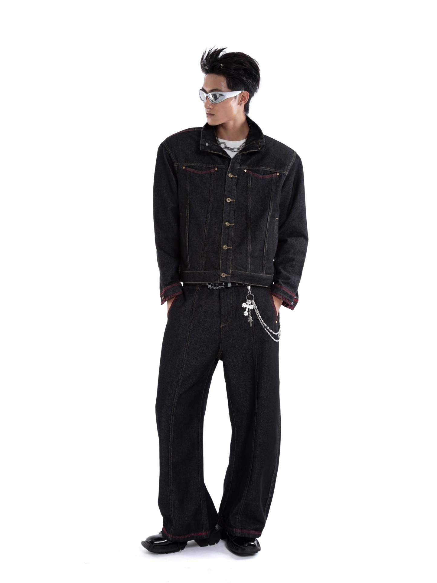 Dark Wash Contrast Stitch Mid Crop Denim Jacket and Wide Leg Jeans Two-Piece Set