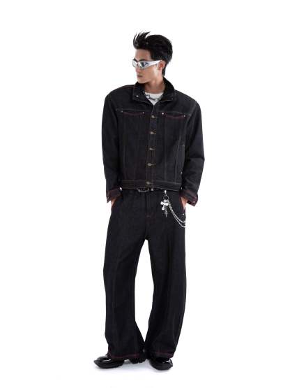 Dark Wash Contrast Stitch Mid Crop Denim Jacket and Wide Leg Jeans Two-Piece Set