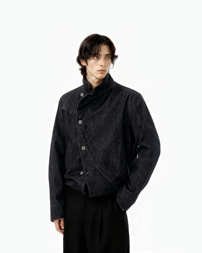 Overlap Asymmetric Button Stand Collar Denim Jacket