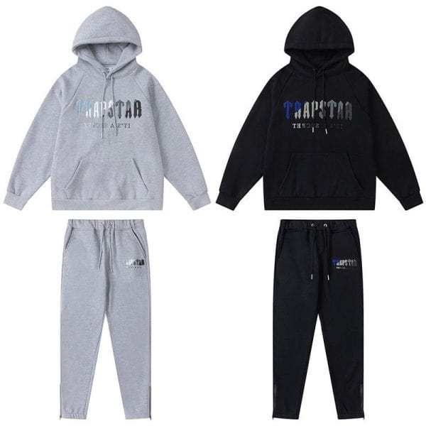 TRAPSTAR CHENILLE DECODED HOODED TRACKSUIT BLACK GREY