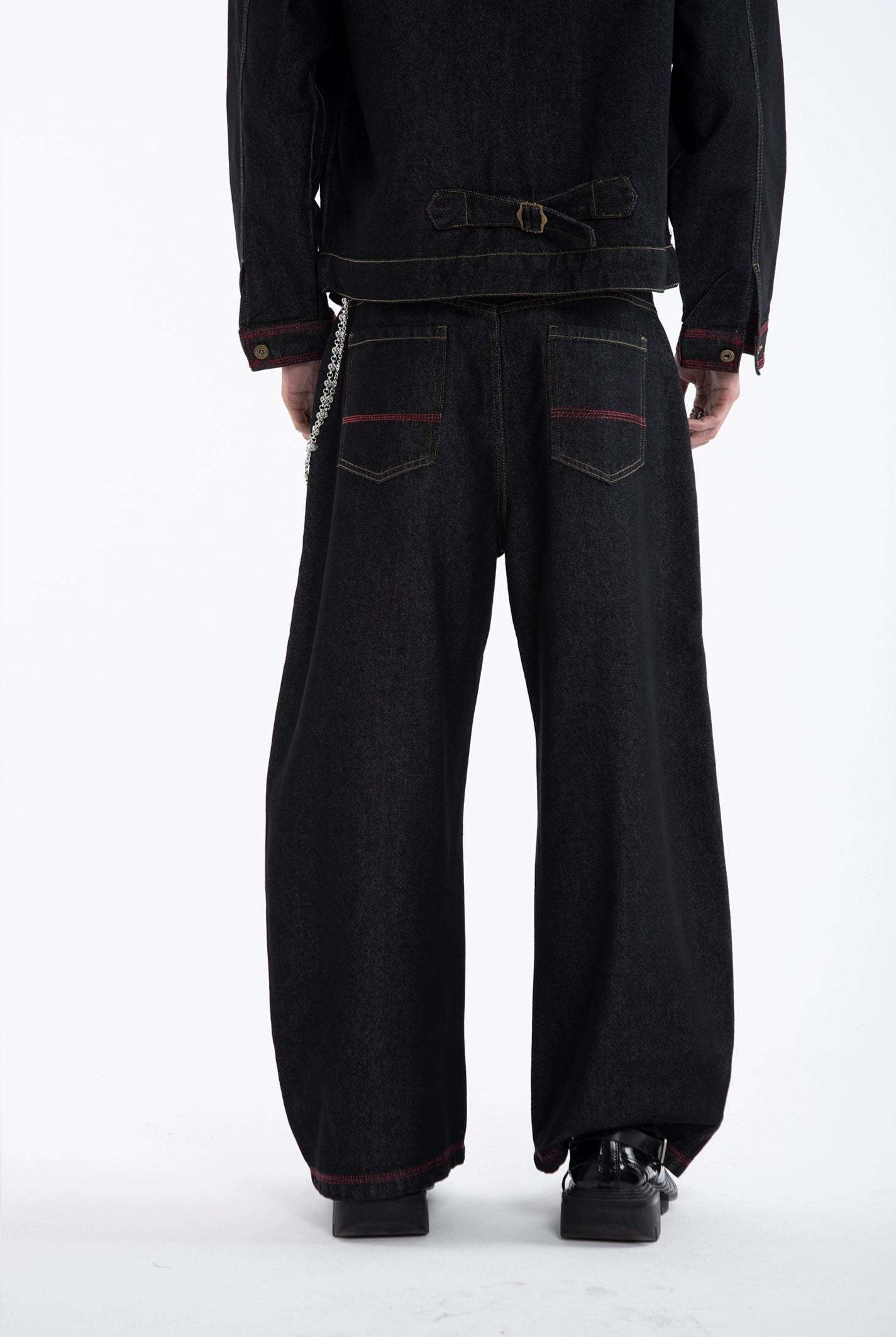 Dark Wash Contrast Stitch Mid Crop Denim Jacket and Wide Leg Jeans Two-Piece Set