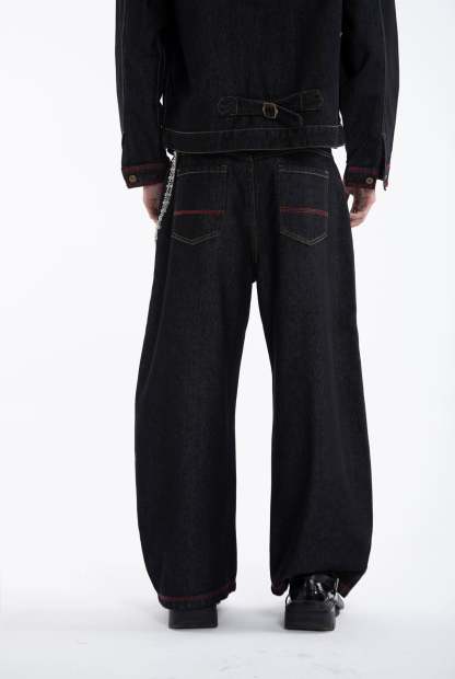 Dark Wash Contrast Stitch Mid Crop Denim Jacket and Wide Leg Jeans Two-Piece Set