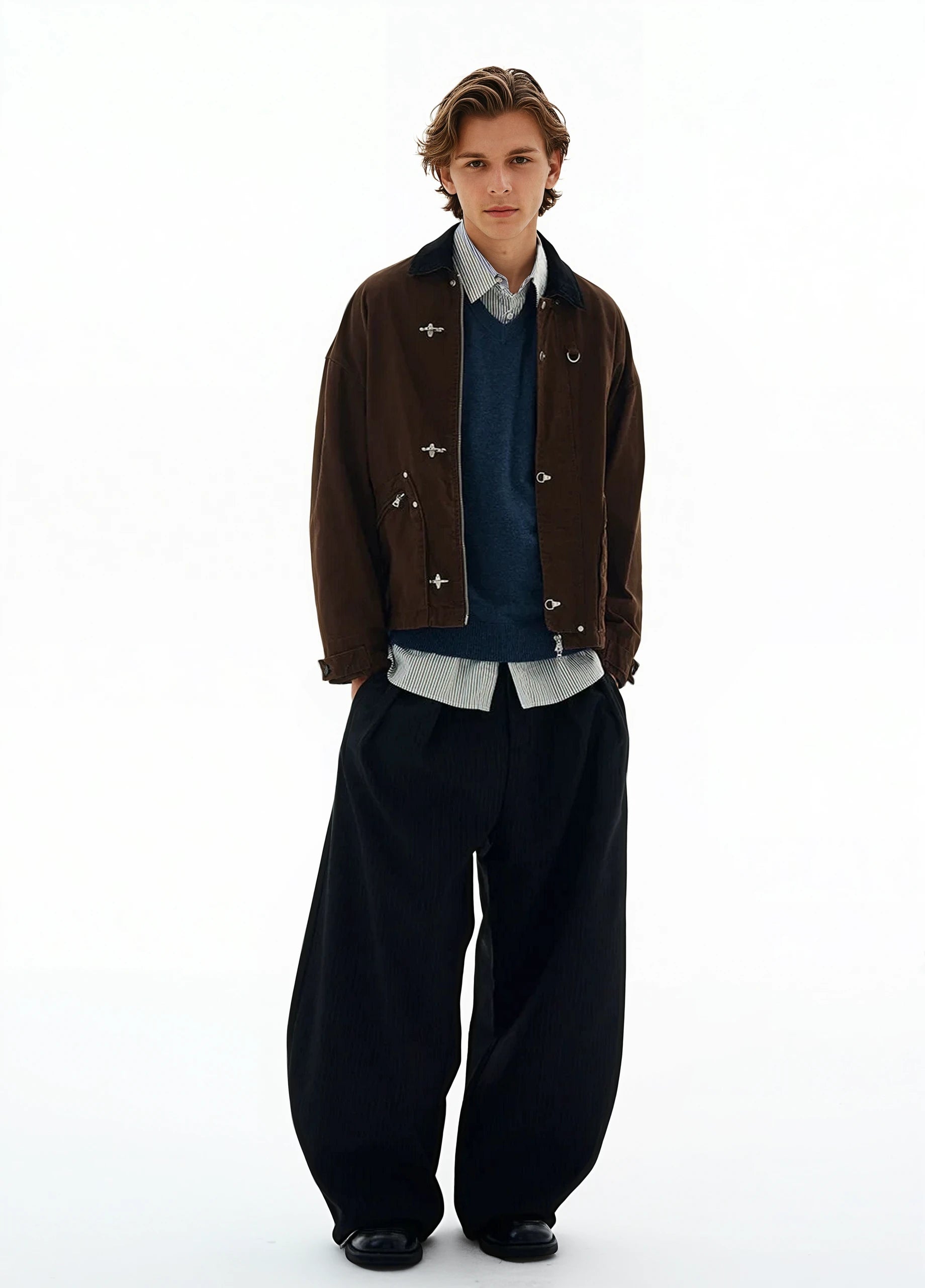 Fireman Buckle Worker Zip Jacket with Contrast Collar