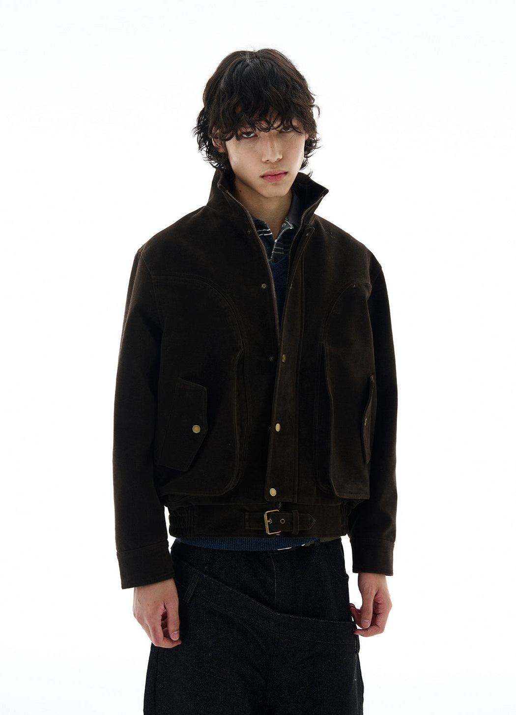 High-Collar Suede Button Jacket with Belted Hem