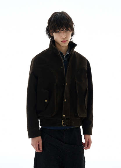 High-Collar Suede Button Jacket with Belted Hem
