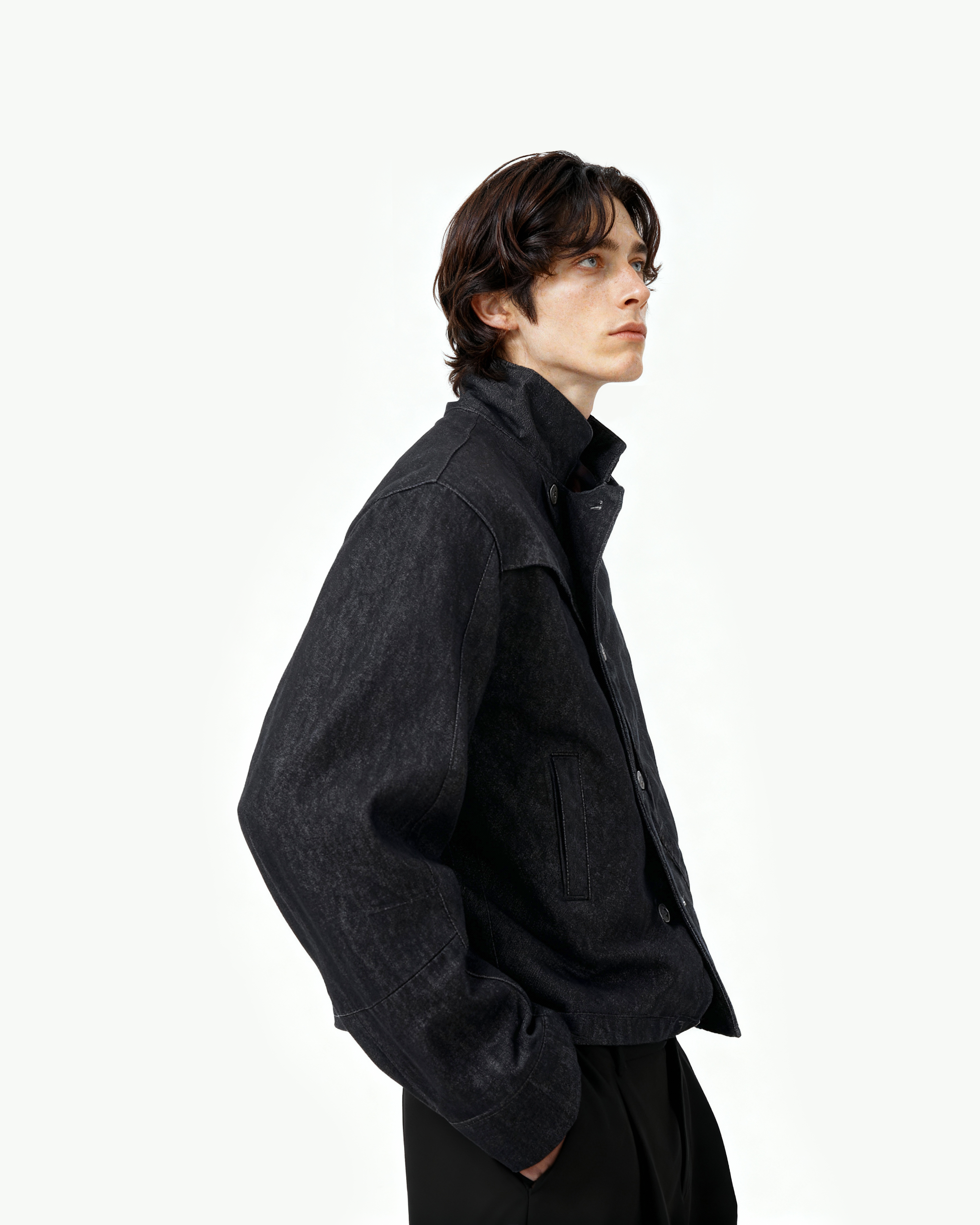 Overlap Asymmetric Button Stand Collar Denim Jacket