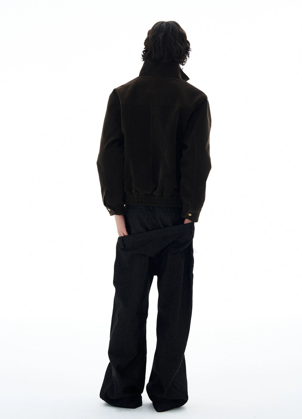 High-Collar Suede Button Jacket with Belted Hem