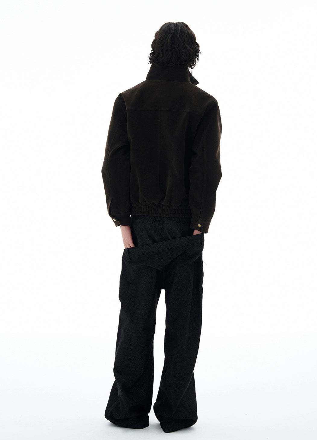 High-Collar Suede Button Jacket with Belted Hem