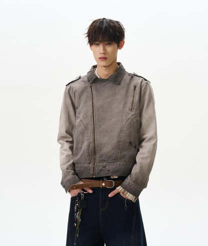Gradient-Wash Faded Denim Biker Jacket