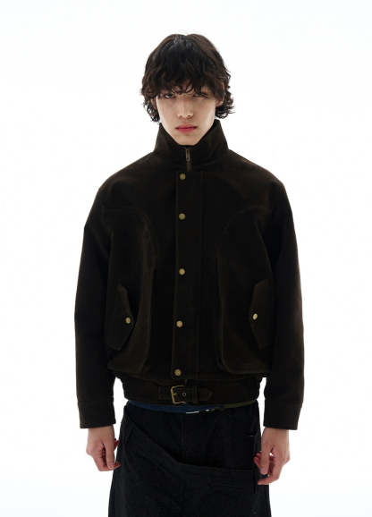 High-Collar Suede Button Jacket with Belted Hem