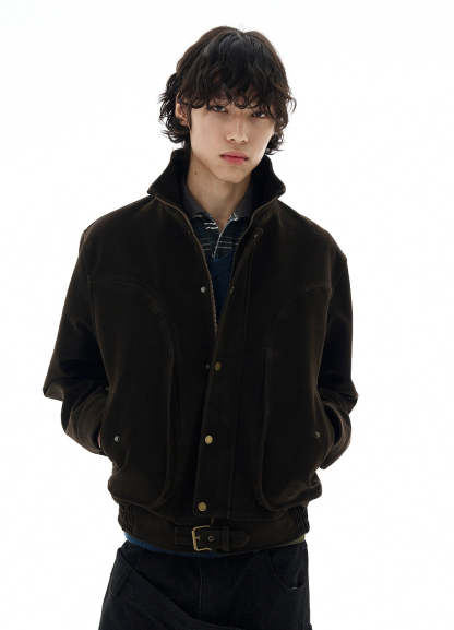 High-Collar Suede Button Jacket with Belted Hem