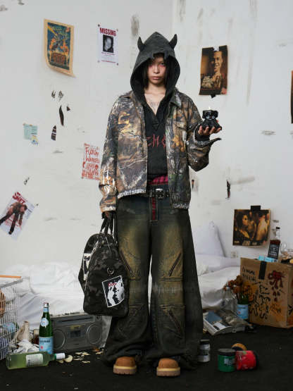 Camouflage Distressed Embroidered Jacket