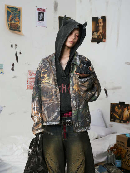 Camouflage Distressed Embroidered Jacket