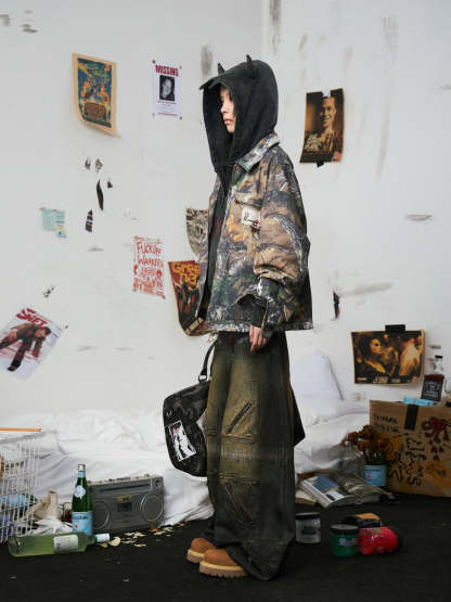 Camouflage Distressed Embroidered Jacket